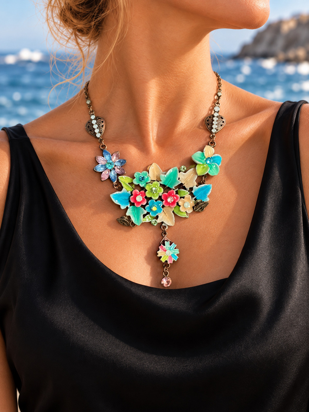 ⚜️ Enamel Flower Bib Necklace | Statement Pendant | Multicolor 💗